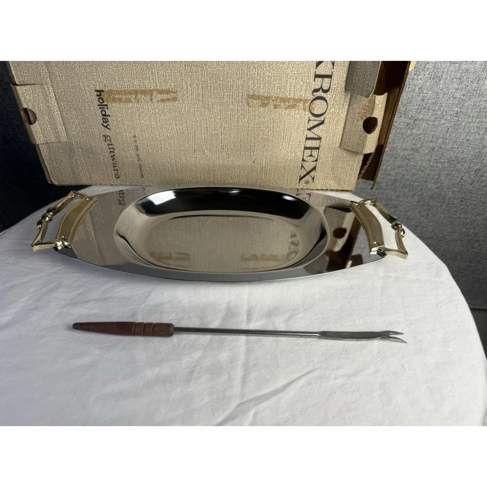 NIB Vintage Kromex Relish Tray Brass Handles‎ Serving Fork RARE! USA Mid Century